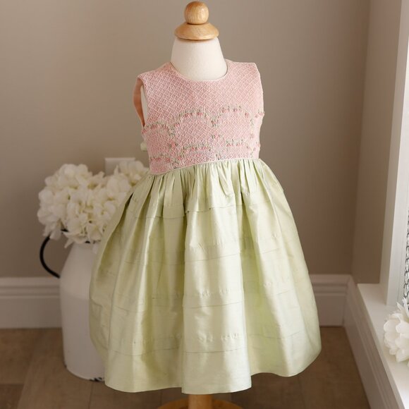 Pink & Green Smocked Dupioni Silk Dress Special Occasion Portrait Size 2 LOVELY! - Picture 2 of 7
